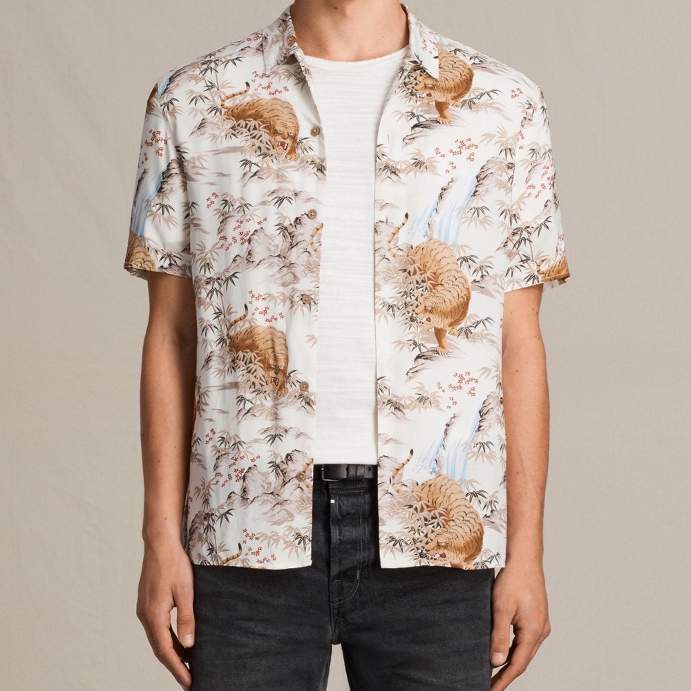 All Saints Sumatra Tiger Print Short Sleeve Shirt Size XL